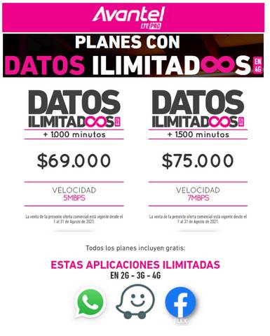 Catálogo Avantel en Bucaramanga | Planes con Datos Ilimitados | 1/8/2021 - 31/8/2021