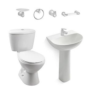 Oferta de Combo Manantial Blanco: sanitario, lavamanos con pedestal, grifería y accesorios por $489900 en Tienda Cerámica Corona