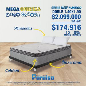 Oferta de Combo Colchón Serie M 500 New + Base Cama + Almohadas *Mega Combos* por $20990000000000 en Colchones Paraiso