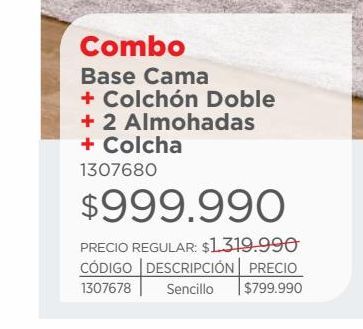 Oferta de Combo Base Cama + Colchón Doble + 2 Almohadas + Colcha por $999990