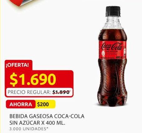Oferta de Bebida Gaseosa Coca Cola Sin azúcar 400ml por $1690