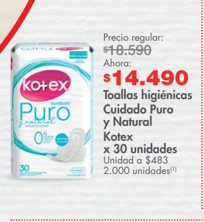 Oferta de Toallas higiénicas Cuidado Puro y Natural Kotex x 30 unidades por $14490
