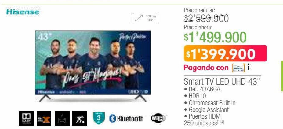 Oferta de Smart tv Led UHD 43" Hisense por $1399900