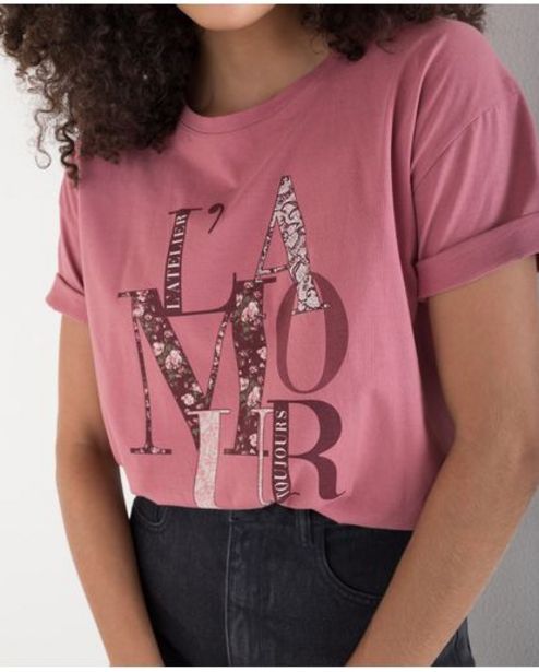 Oferta de Camiseta para mujer rosa manga corta con gráfico localizado por $79900 en Naf Naf
