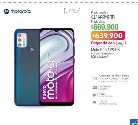 Oferta de Motorola Moto G20 128 GB por $639900