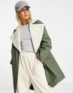 Oferta de ASOS DESIGN quilt lined parka coat with borg collar in olive por $36,3 en ASOS