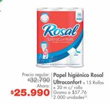 Oferta de Papel higiénico Rosal Ultraconfort x 15 Rollos x 30 m c/ rollo por $25990 en Metro