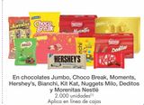 Oferta de En chocolates Jumbo, Choco Break, Moments, Hershey’s, Bianchi, Kit Kat, Nuggets Milo, Deditos y Morenitas Nestlé en Metro