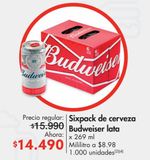 Oferta de Sixpack de cerveza Budweiser lata x 269 ml por $14490 en Metro