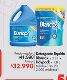 Oferta de Detergente líquido Blancox x 3.8 L + Doypack x 1.8 L por $32990 en Metro