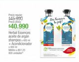 Oferta de Aceite de argán shampoo Herbal Essences x 400ml + Acondionador x 400ml por $40990 en Jumbo