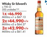 Oferta de Whisky Sir Edward’s x 700 m por $46990 en Metro